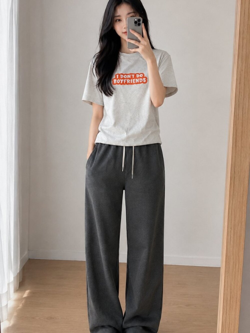 Korean Style Graphic Tee Gray Oversized Cotton Shirt L